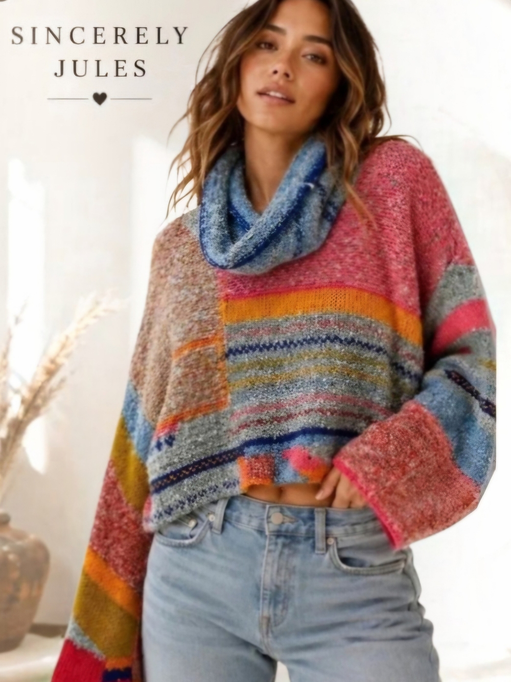 Sincerely Jules Multicolor Striped Cowl Neck Sweater - Pink, Blue, Gray, Yellow